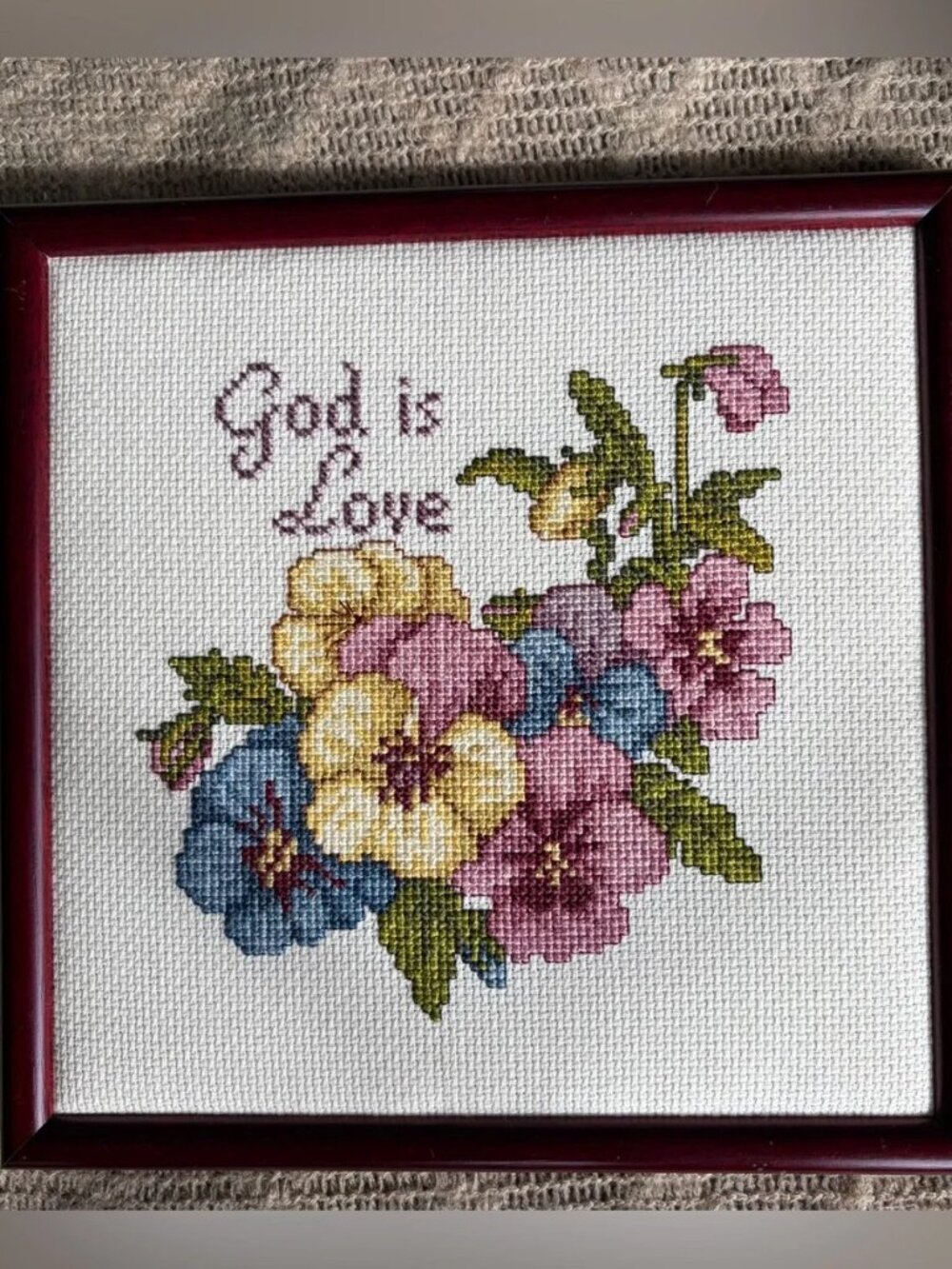Vintage Framed God Is Love Needlepoint Floral